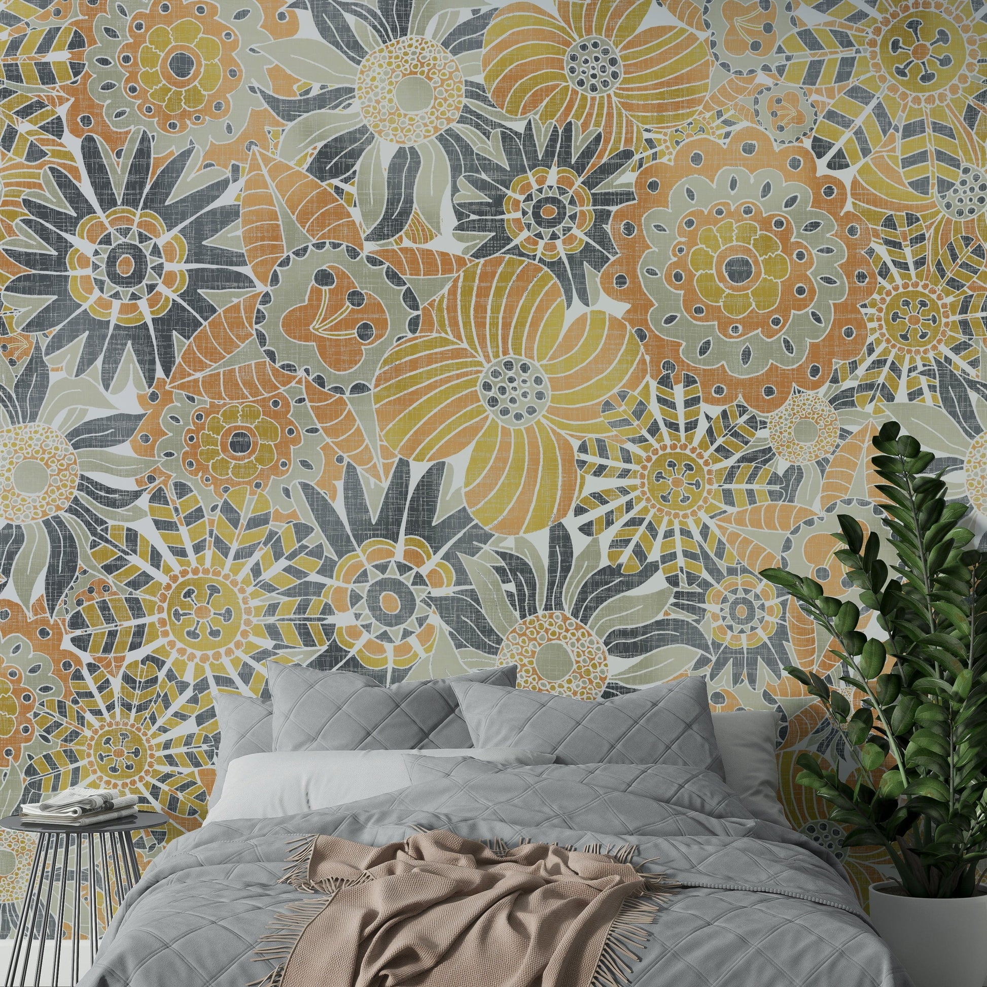 Round Scandinavian flowers wallpaper pattern

