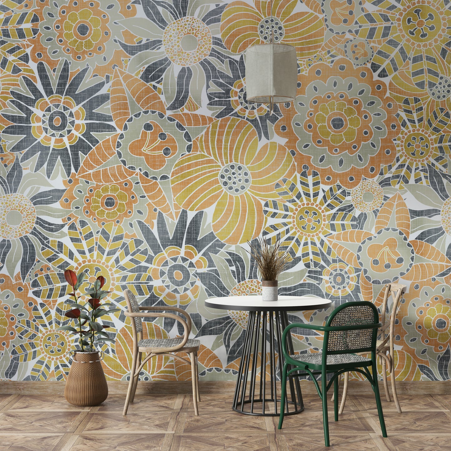 Gray and golden floral wallpaper detail

