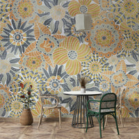 Gray and golden floral wallpaper detail

