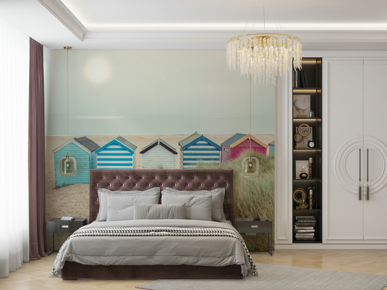 A beautiful row of colorful beach hut wallpaper mural.

