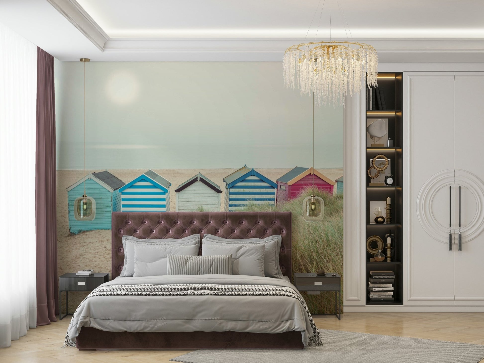 A beautiful row of colorful beach hut wallpaper mural.

