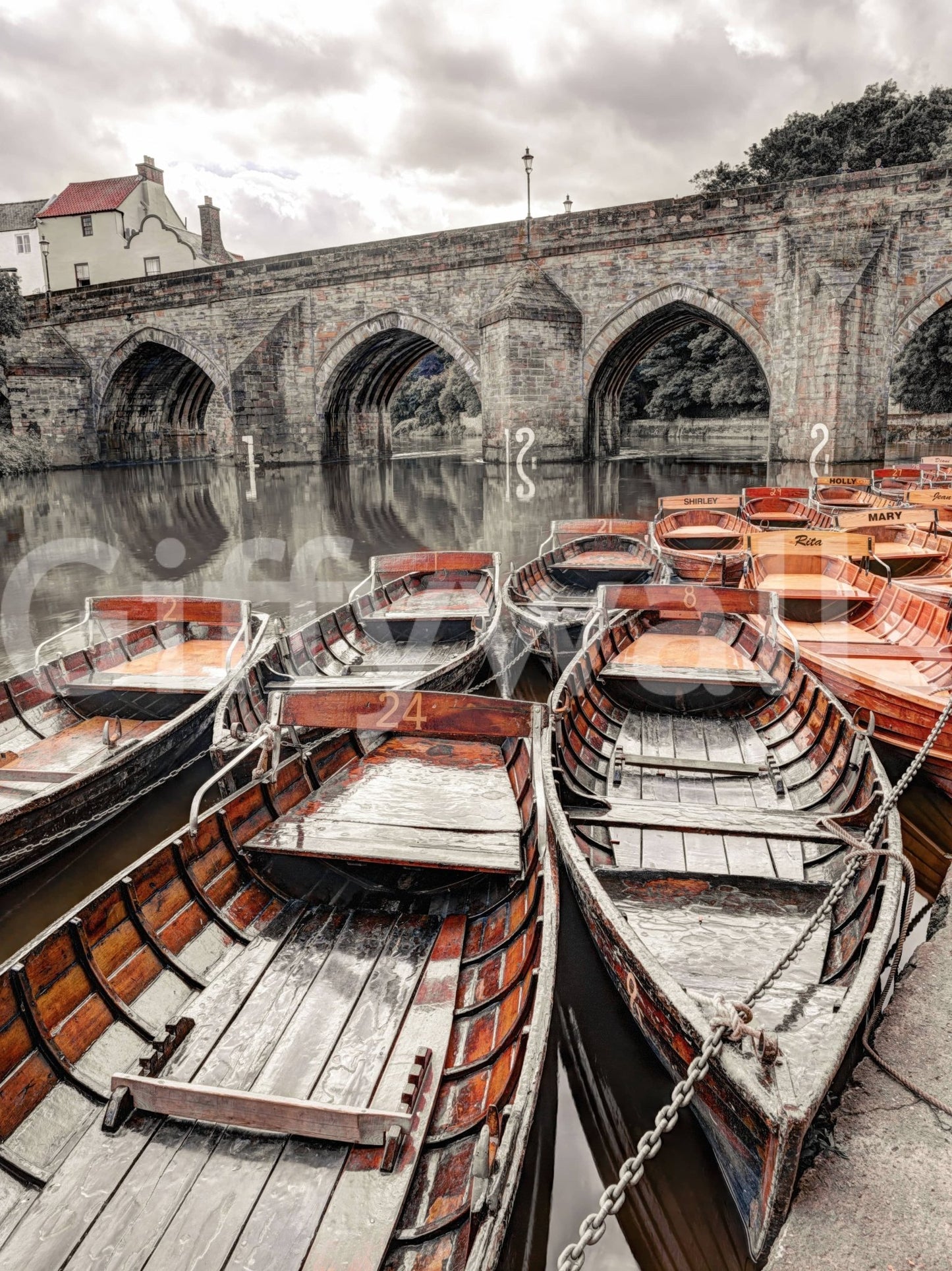 Historic bridge view Rowing Boats Wall Mural, premium quality wallpaper.