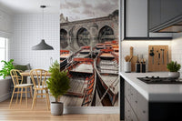Reflections under bridge Rowing Boats Wall Mural, charming waterside peel and stick.