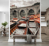 Traditional hire boats Rowing Boats Wall Mural, scenic river wallpaper for walls.