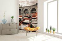 Vibrant orange detail Rowing Boats  stunning boat scene wall mural.