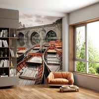 Moored river craft Rowing Boats Wall Mural, beautiful peel and stick wallpaper.