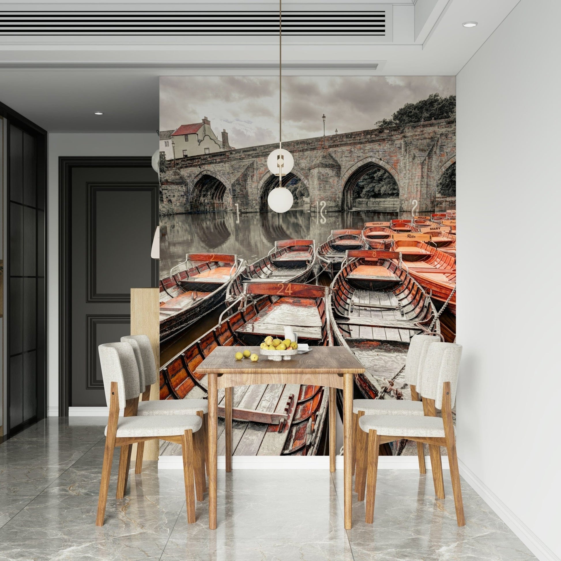 Dozens of small boats Rowing Boats  wallcovering striking riverbank .