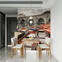 Dozens of small boats Rowing Boats  wallcovering striking riverbank .