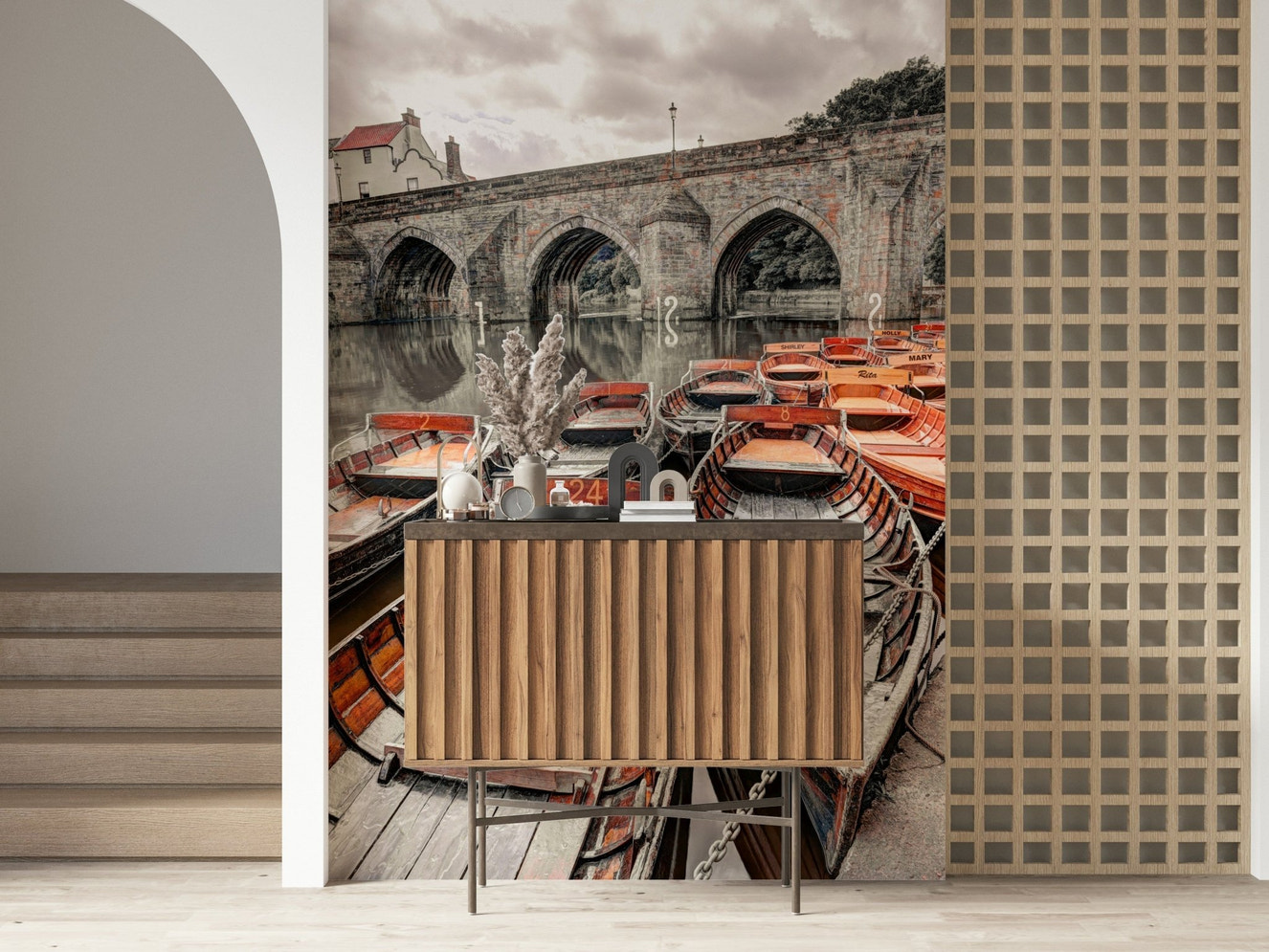 Rowing Boats Wall Mural, stone bridge and docked wooden boats scene.