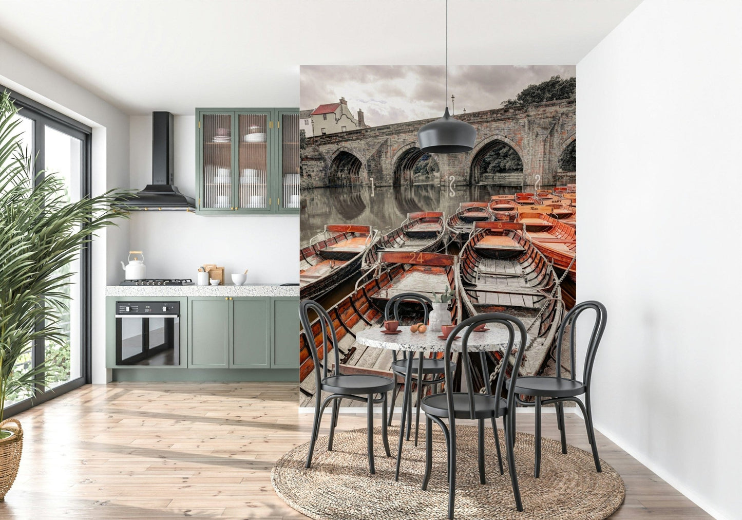 Cozy riverside town Rowing Boats Wall Mural, moody, detailed wall mural.
