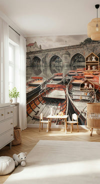 Historic town bridge Rowing Boats gorgeous interior accent wallpaper.