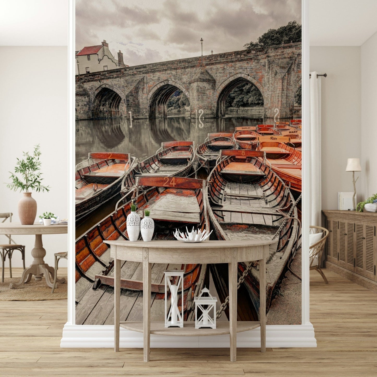 Orange wooden skiffs Rowing Boats  unique water themed wall art.