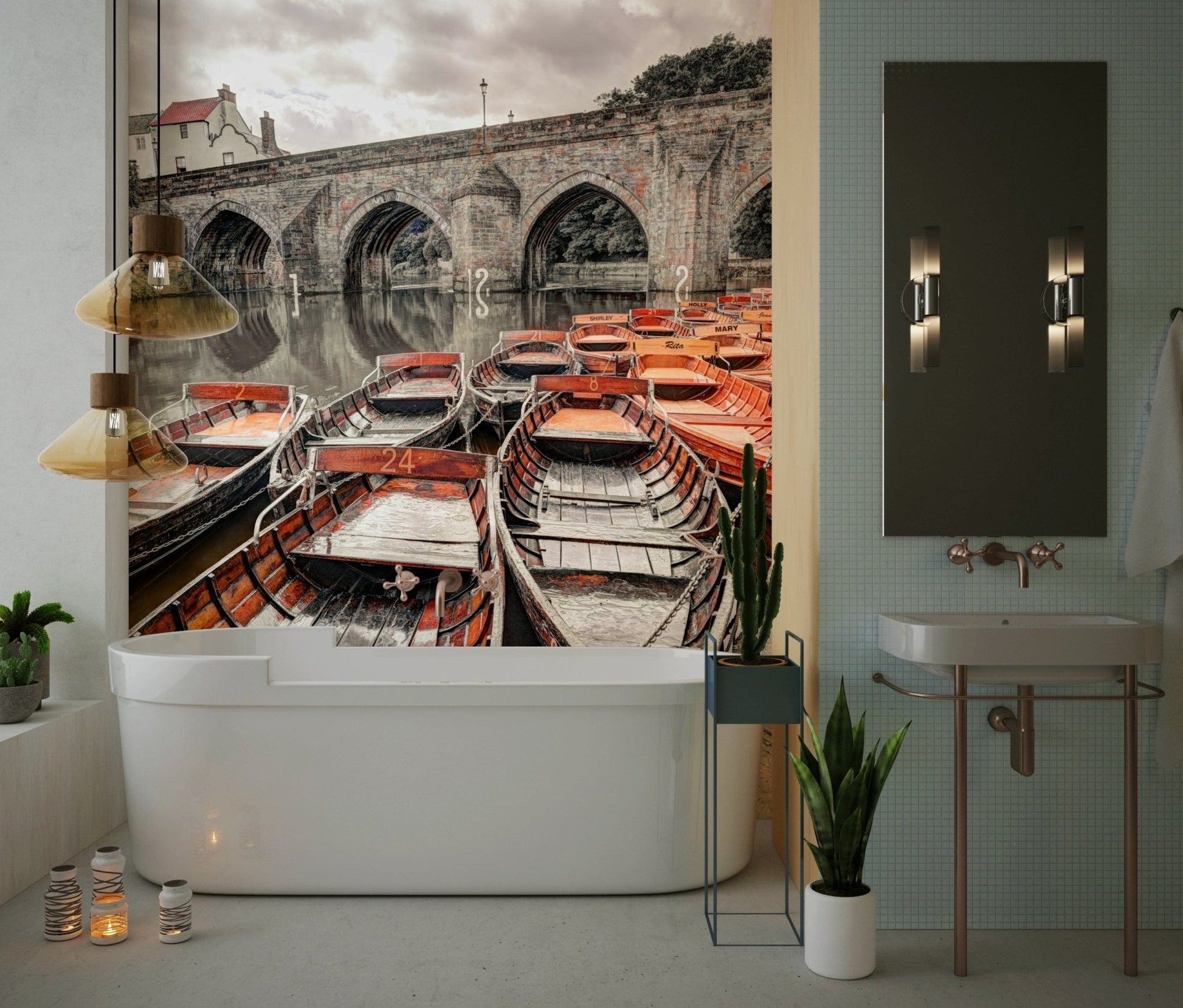 River leisure Rowing Boats Wall Mural, captivating historic scenery wallpaper.