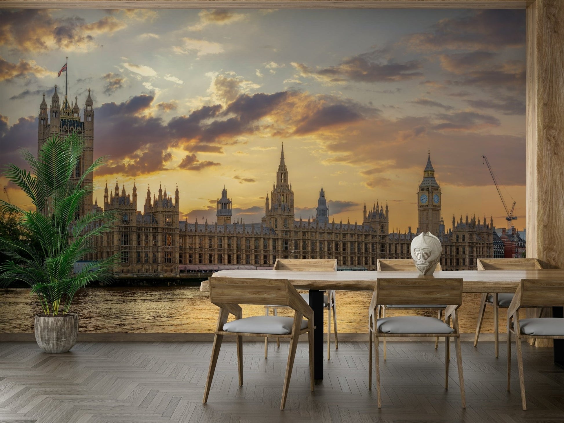 A powerful historic building mural on decorative wallpaper.

