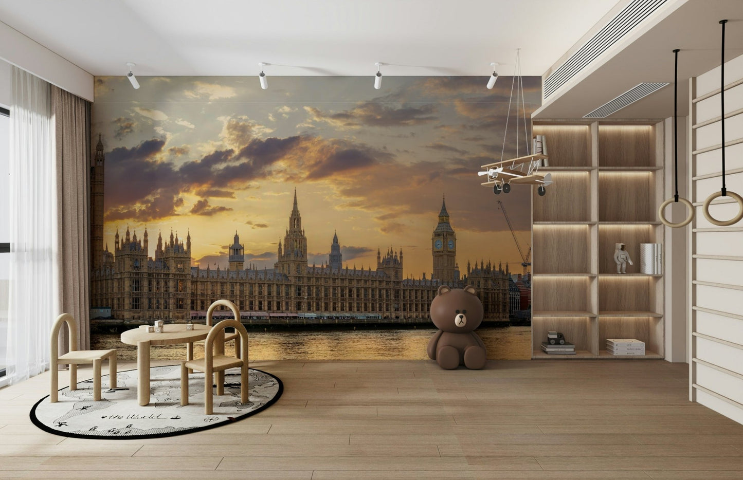 A graceful London cityscape wall mural in golden tones.

