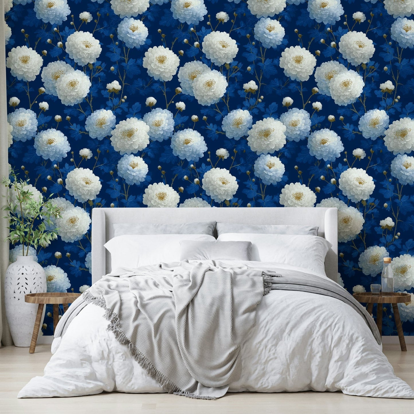 A romantic rose garden mural on decorative wallpaper.

