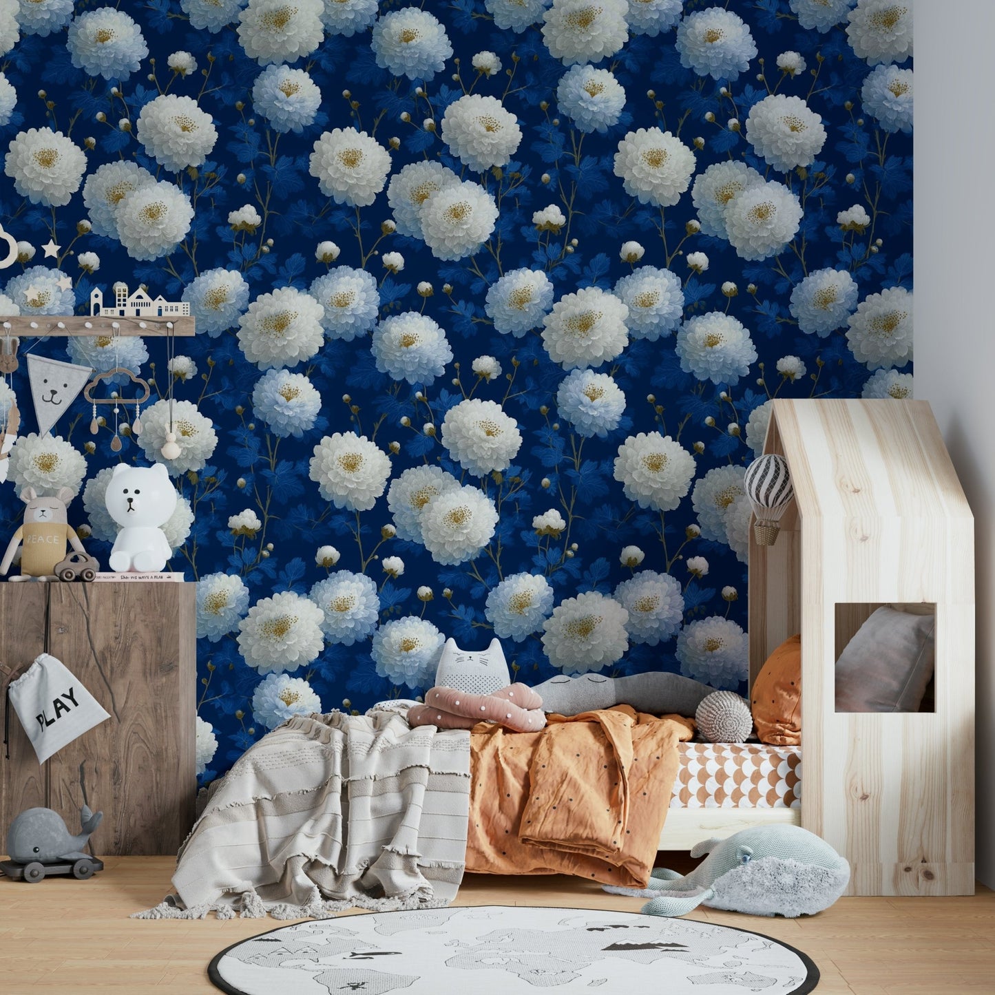 A graceful flower wall mural in rich, noble tones.

