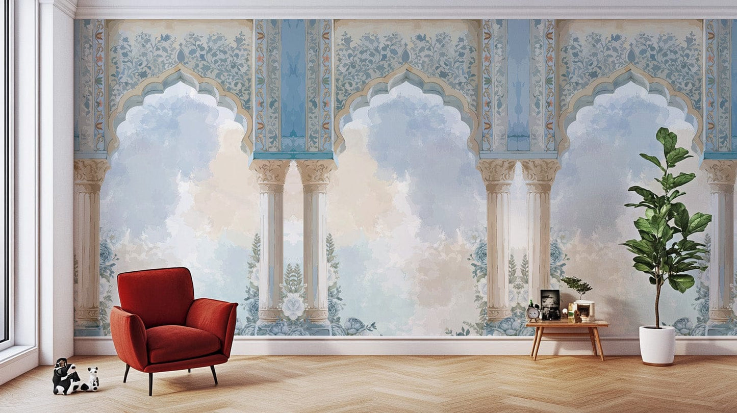 Classic floral wallpaper in blue tones
