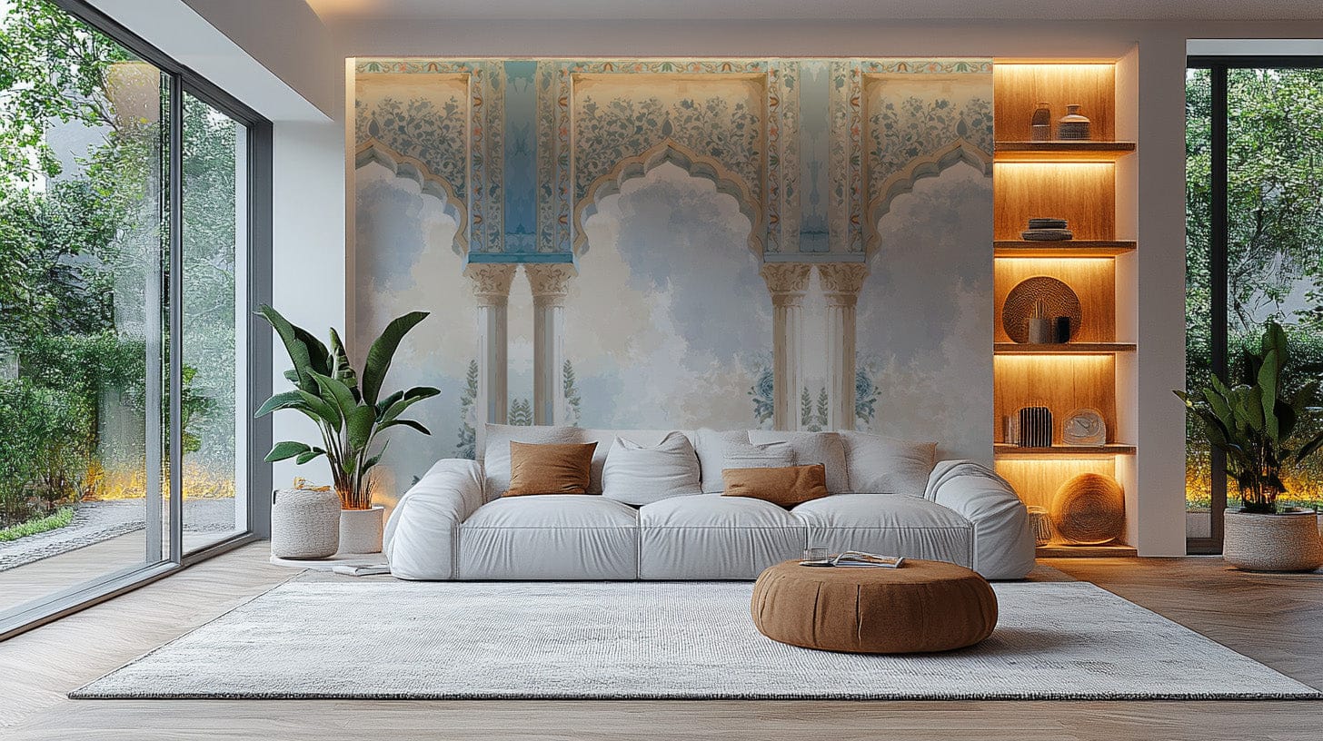 Blue floral wallpaper with arches
