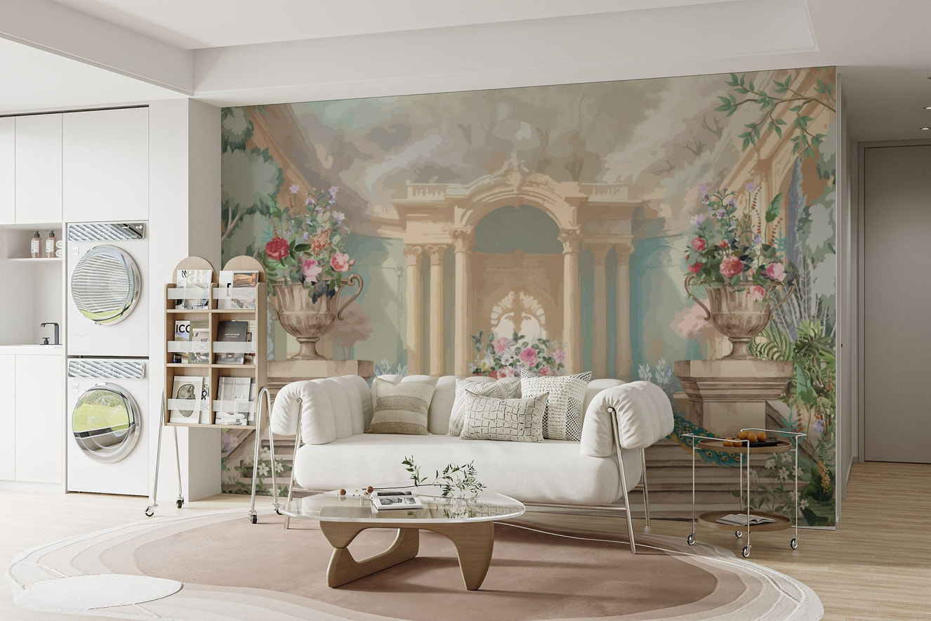 Ornate Archway and Peacock Design
