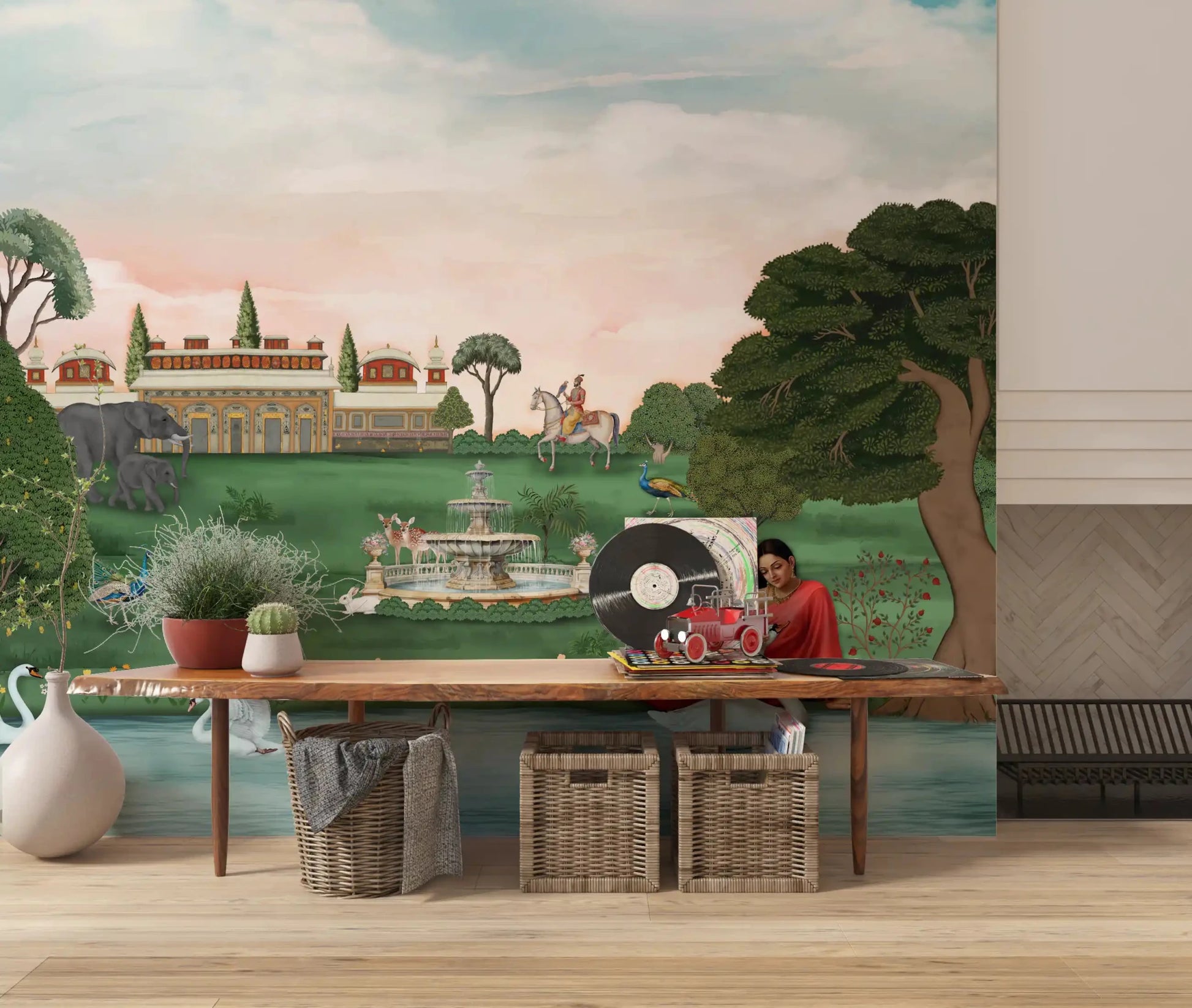 Living corner backed by Royal Garden Serenity Wall Mural in scenic green tones, GD8960