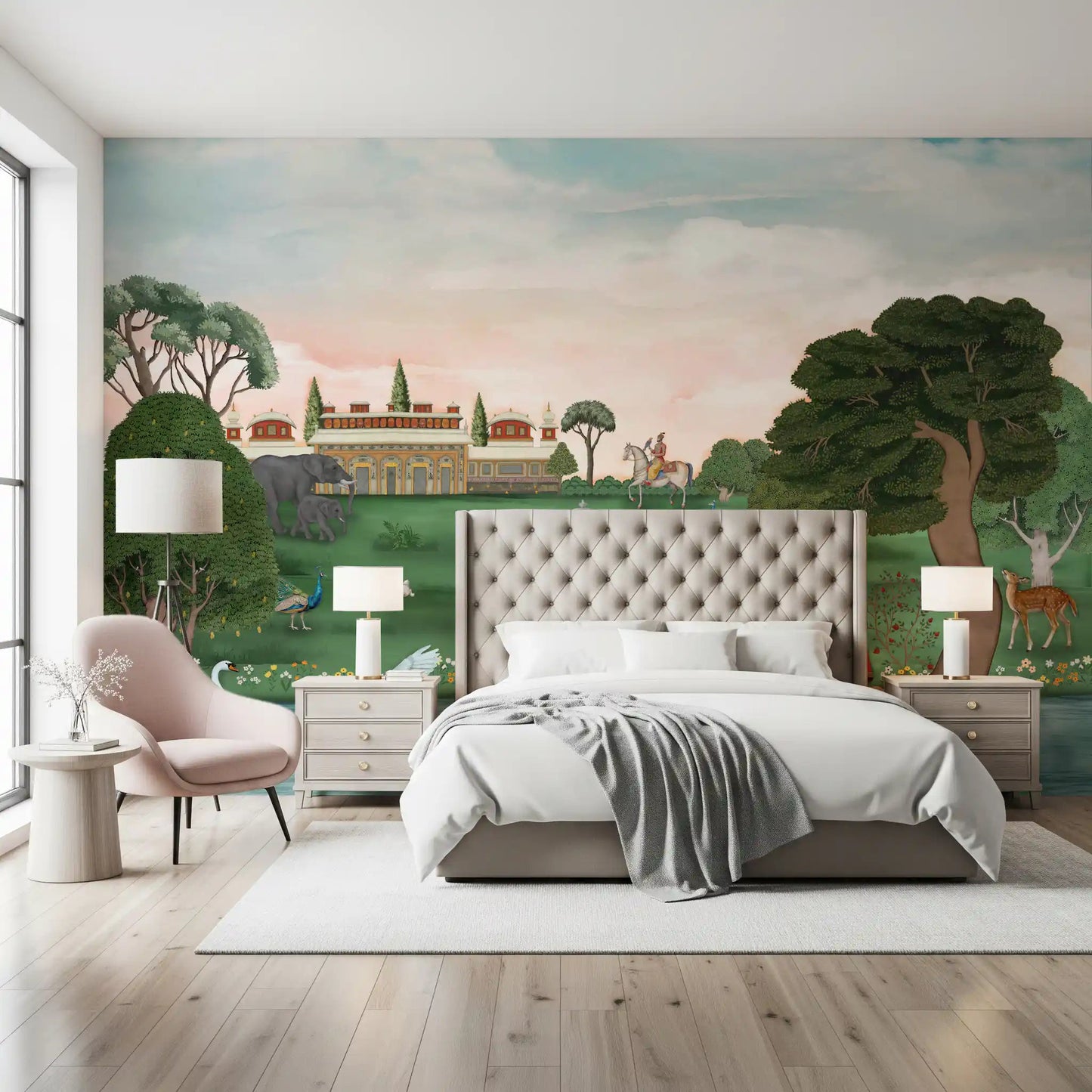 Calm bedroom set against Royal Garden Serenity Wall Mural with palace view, GD8960