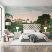 Calm bedroom set against Royal Garden Serenity Wall Mural with palace view, GD8960