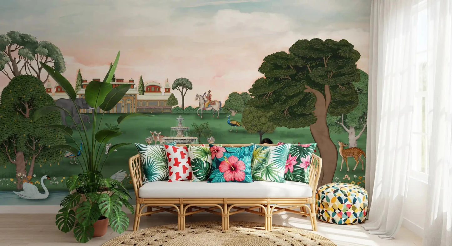Royal Garden Serenity Wall Mural above a colourful bench in a relaxed room, GD8960