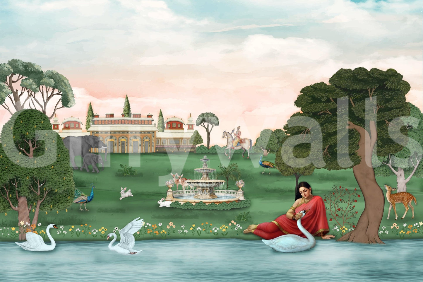 Scenic Royal Garden Serenity Wall Mural showing garden water and wildlife, GD8960