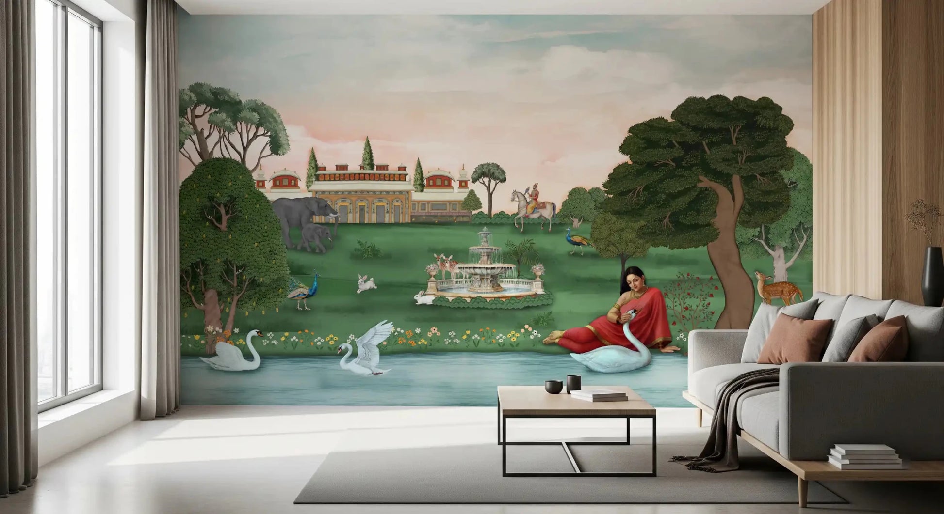 Royal Garden Serenity Wall Mural framing a bright lounge with wide windows, GD8960