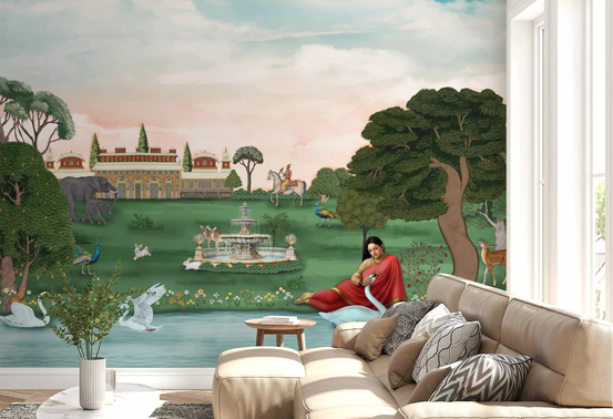 Royal Garden Serenity Wall Mural behind a beige sofa in a soft living room, GD8960
