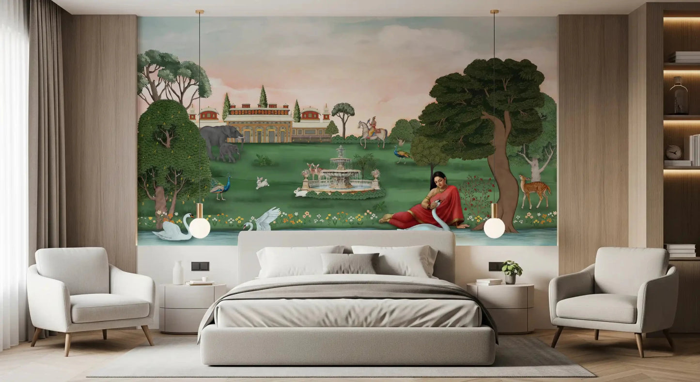White Bedroom finished with Royal Garden Serenity Wall Mural landscape, GD8960