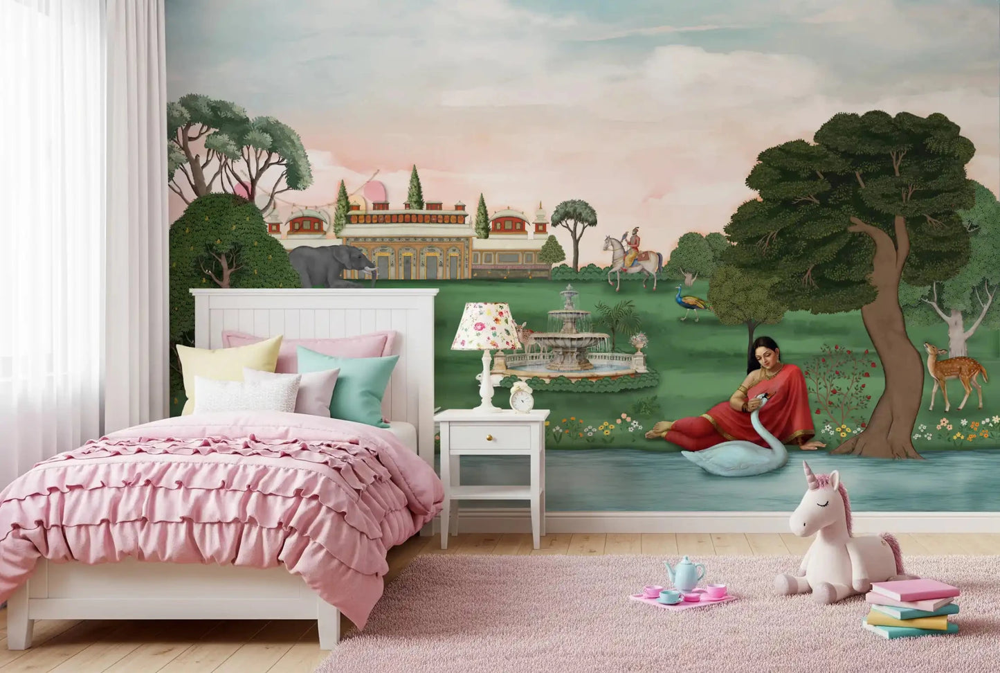 Pink bedroom softened by Royal Garden Serenity Wall Mural and lake setting, GD8960