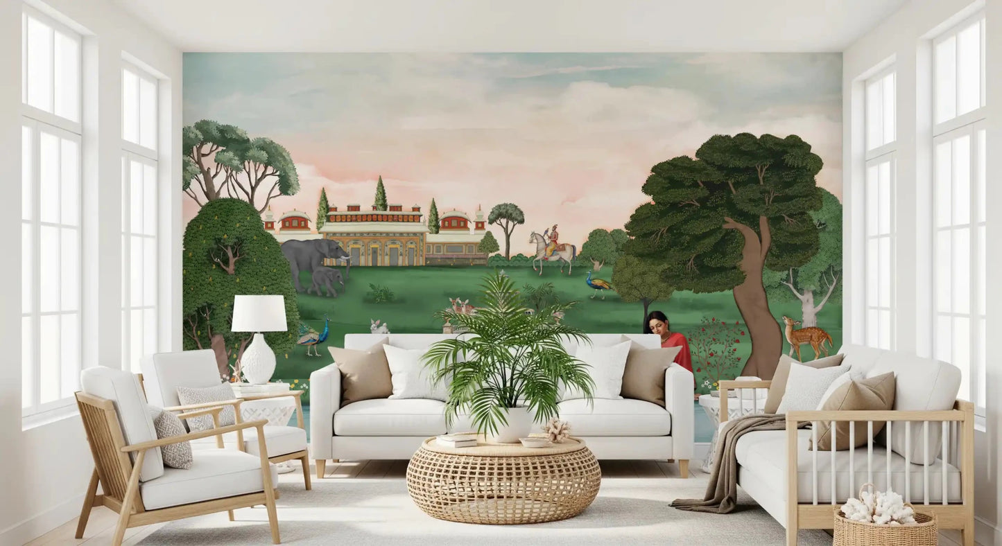 Sunlit living space featuring Royal Garden Serenity Wall Mural across the wall, GD8960