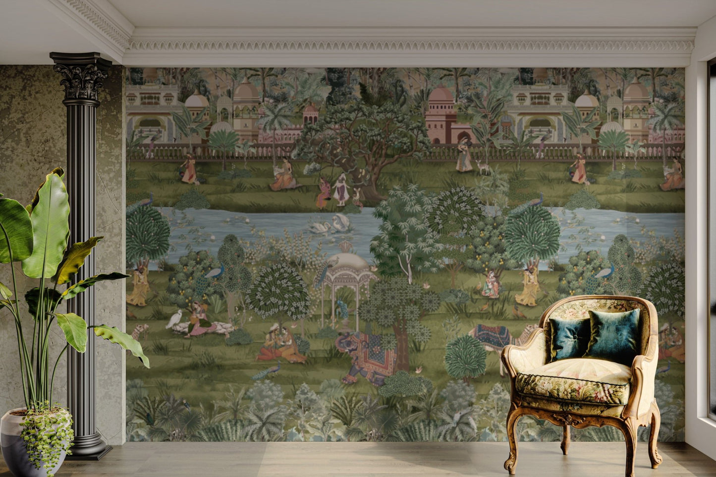 Classic mural with royal garden scene


