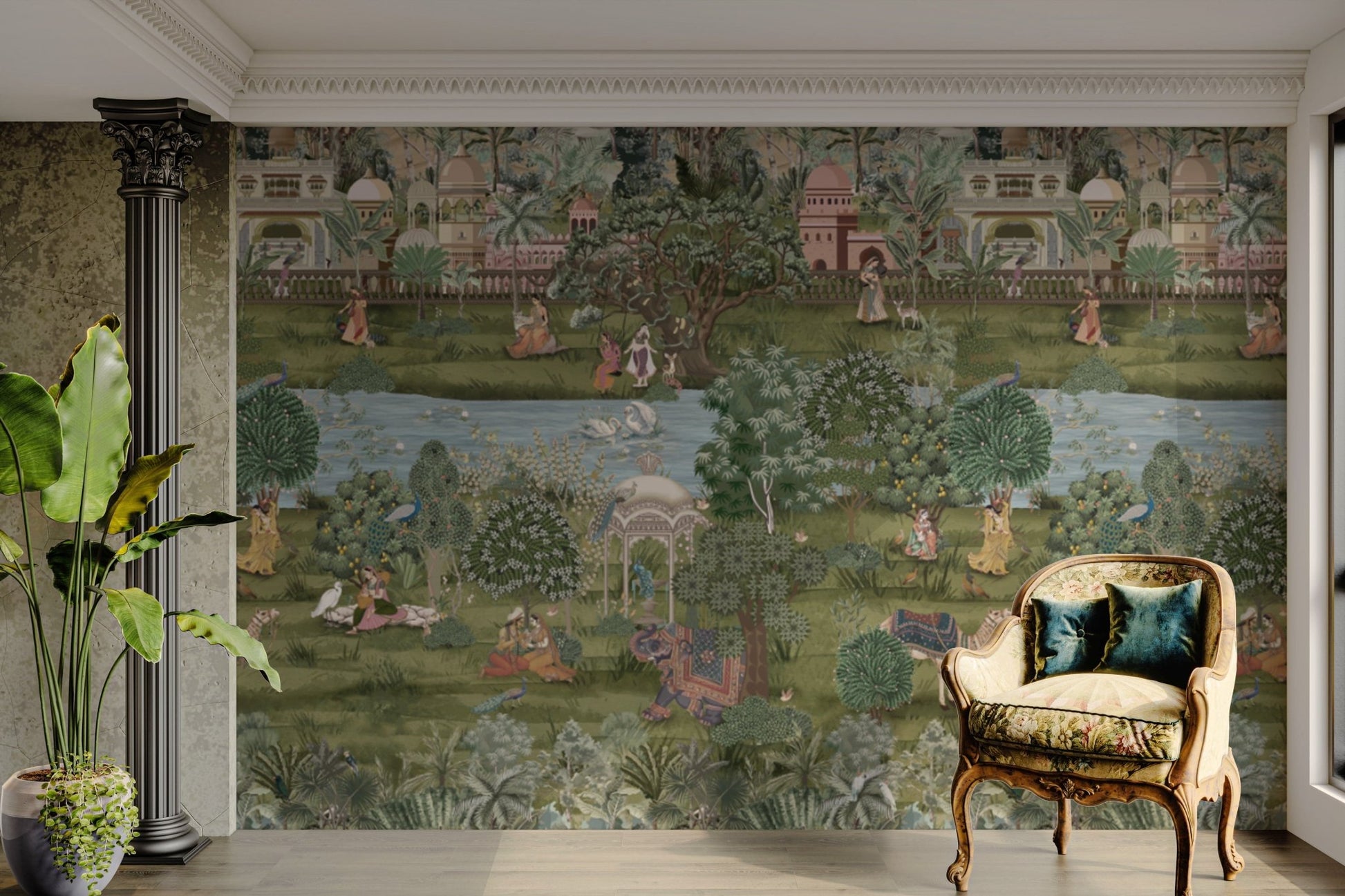 Classic mural with royal garden scene

