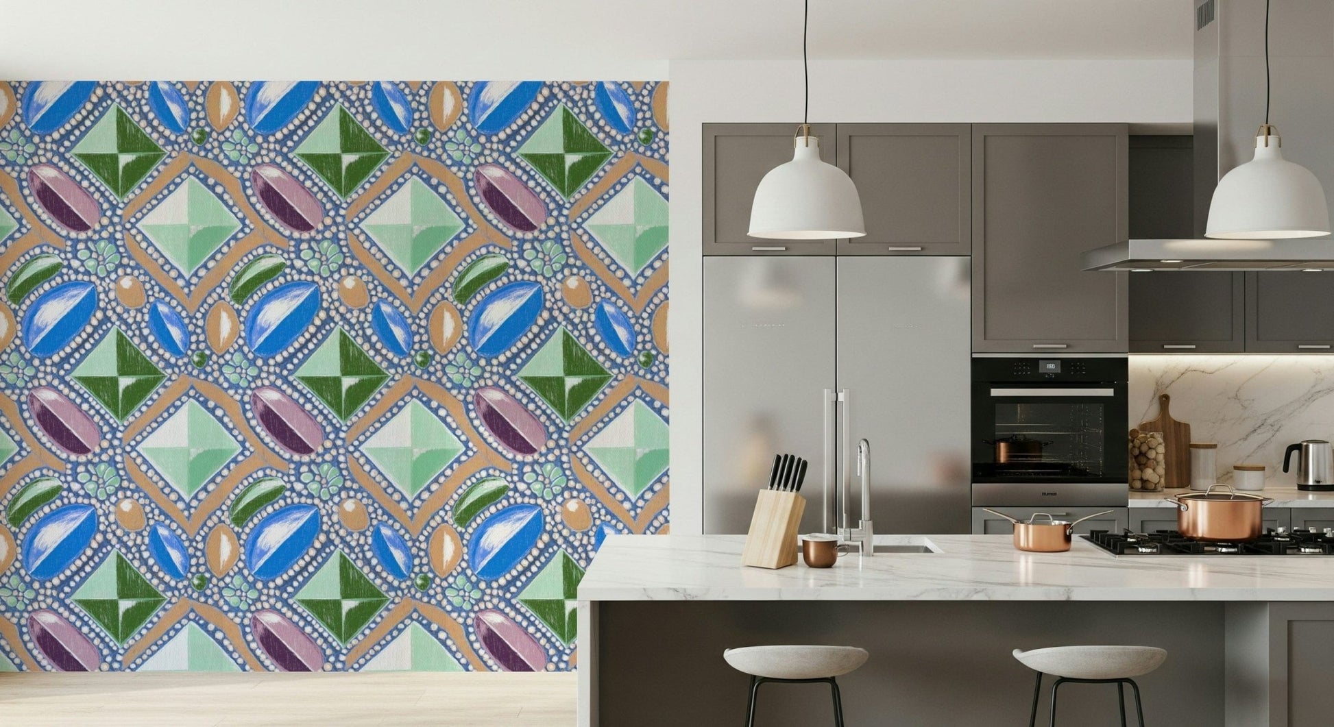 Contemporary dining area featuring the Royal Gemstones Blue Pastel Wallpaper.