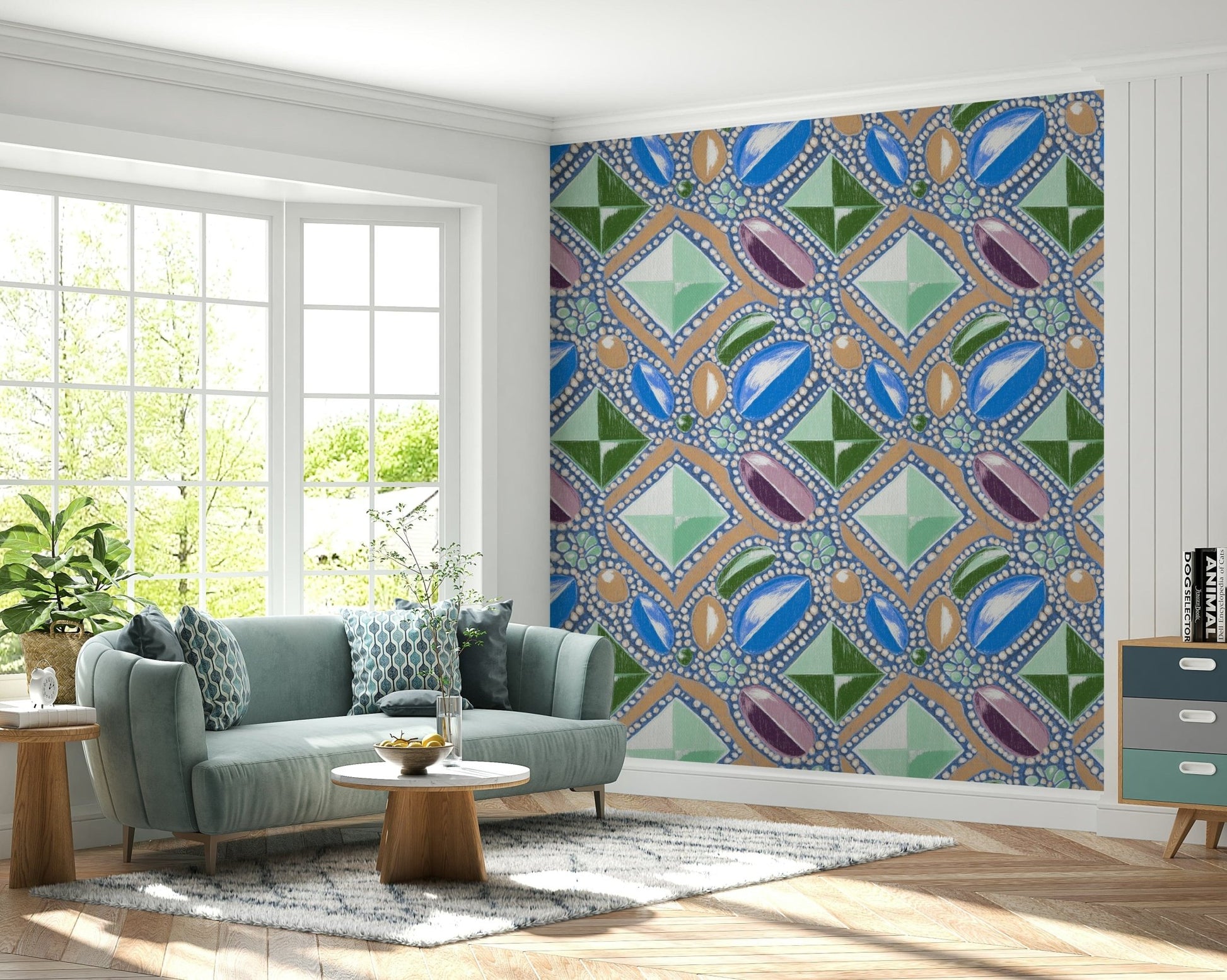 Abstract faux gemstone design of the Royal Gemstones Blue Pastel Wallpaper.