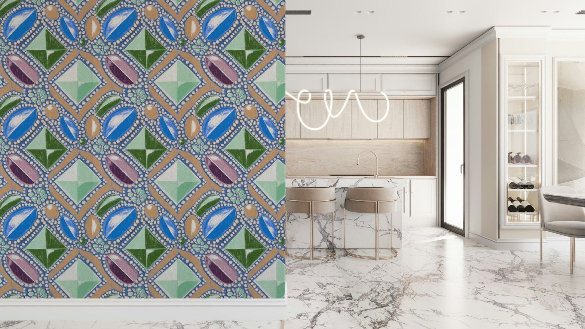 Light and airy wallpaper for walls using the Royal Gemstones Blue Pastel Wallpaper.