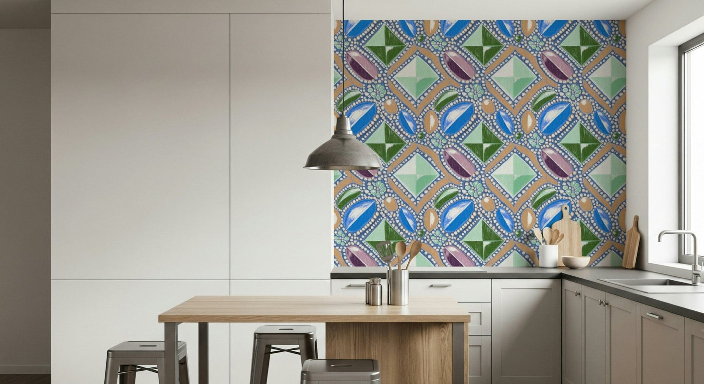 Designer interior decor with the Royal Gemstones Blue Pastel Wallpaper print.