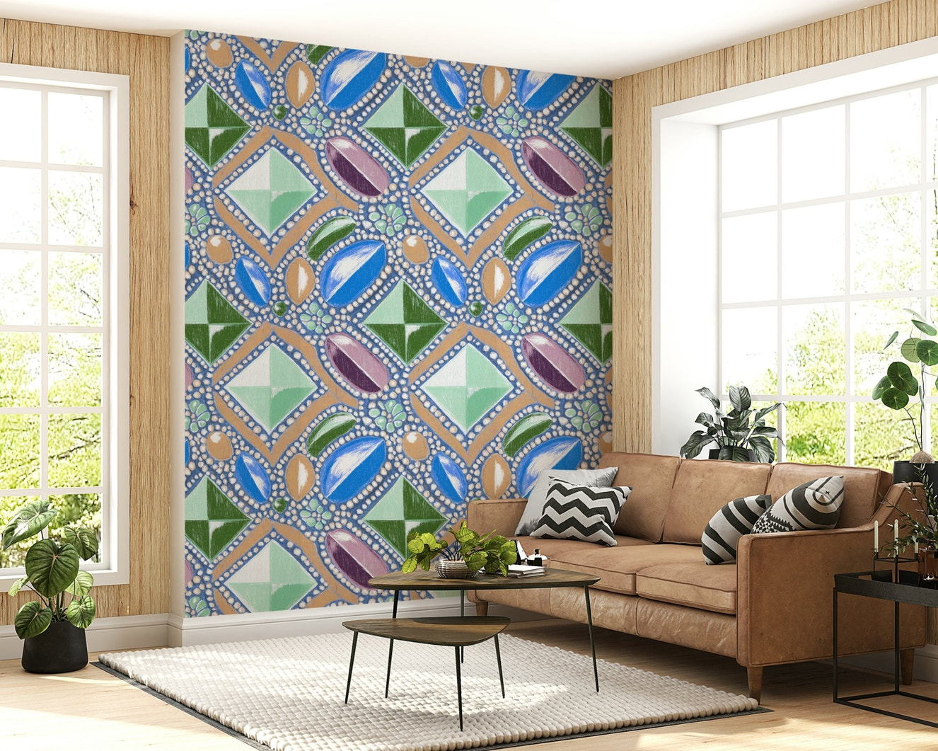 Royal Gemstones Blue Pastel Wallpaper in a sophisticated living room.