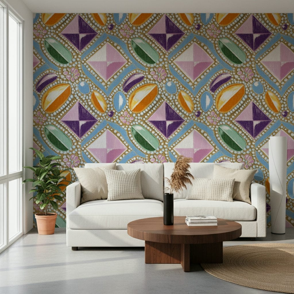 Abstract faux gemstone design of the Royal Gemstones Pink Pastel Wallpaper.