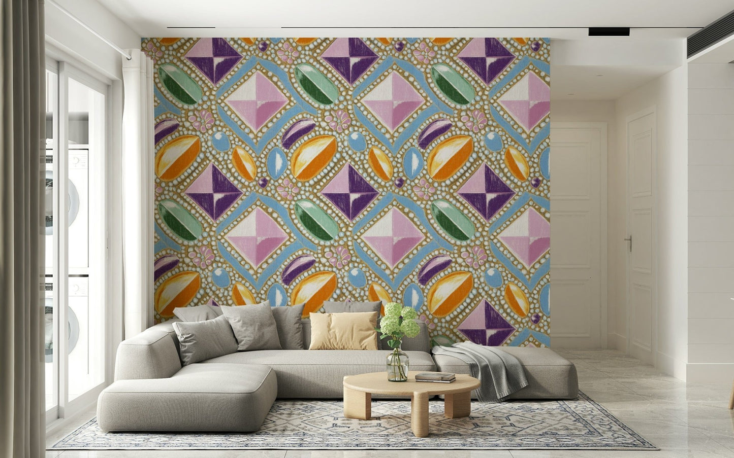 Light and airy wallpaper for walls using the Royal Gemstones Pink Pastel Wallpaper.