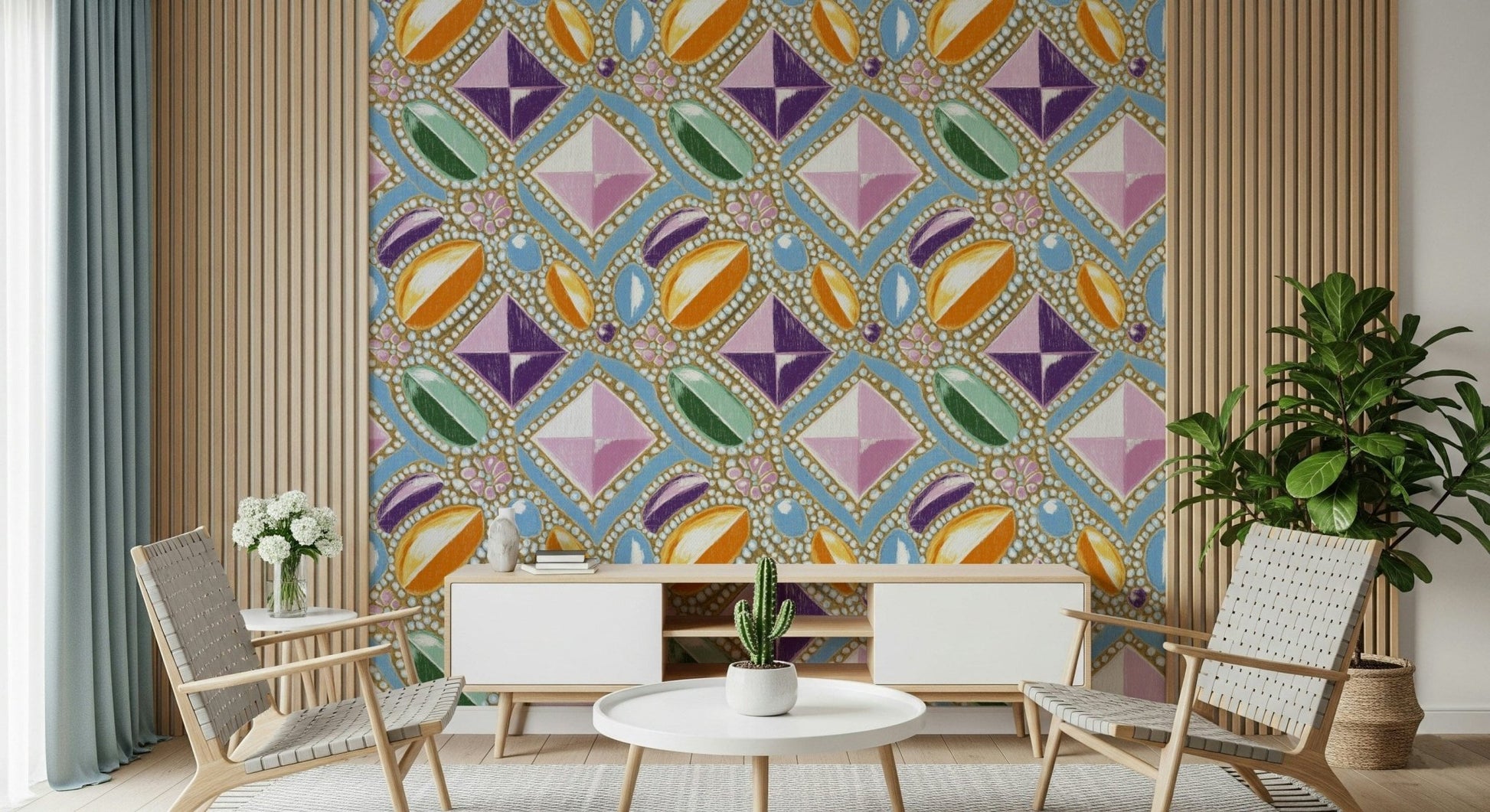 Full view of an elegant nursery with Royal Gemstones Pink Pastel Wallpaper.