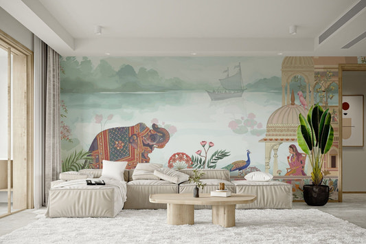 Royal Indian garden wallpaper mural with domes and peacocks.