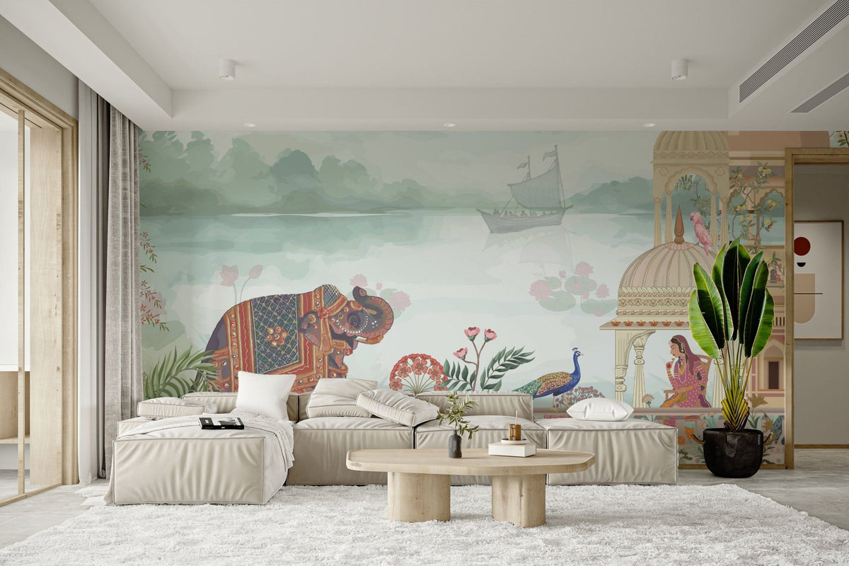 Royal Indian garden wallpaper mural with domes and peacocks. C760