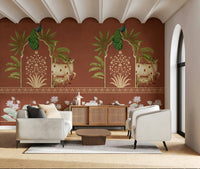 Royal Pichwai Heritage wall mural in modern living room, rich blue and gold tones, feature wall behind sofa