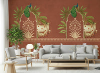 Hallway wall decor mural, heritage pattern with floral accents, navy and gold on light base