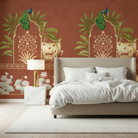 Bedroom mural behind headboard, ornate heritage artwork in blue, cream, and gold accents