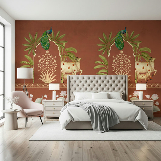 Traditional Indian pichwai style mural for dining room, lotus and temple motifs in deep color palette